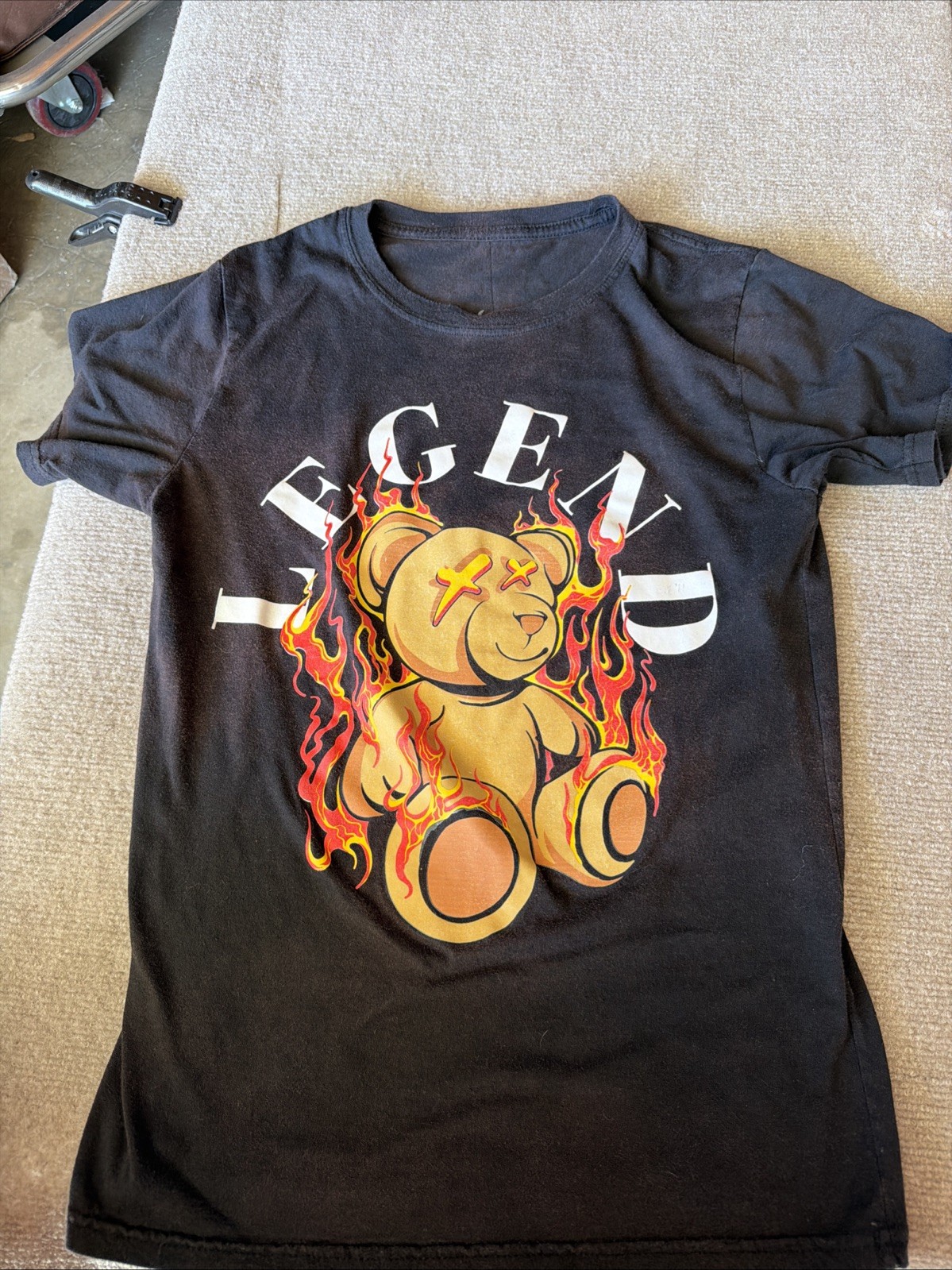 Legend Flaming Teddy Bear Graphic T-Shirt Dark Streetwear Size Small