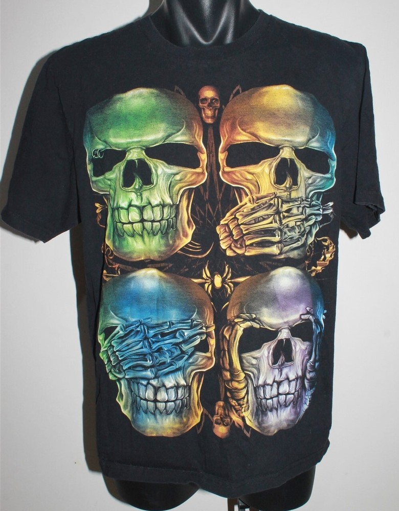 4 Skulls See No, Speak No, Hear No Evil Character T-Shirt Tee Size Large OZ Rock