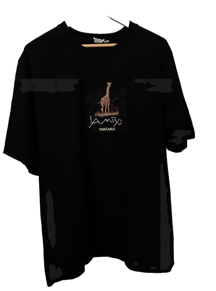 Jambo Tanzania Embroidered Giraffe Men’s Black 2XL Graphic Tee Shirt-100