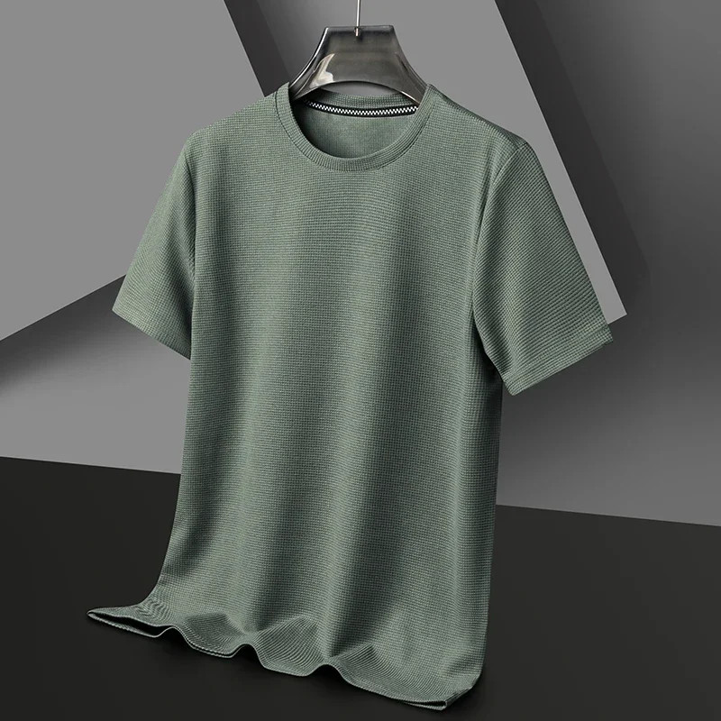 Men Polo Shirt Short Sleeve Cotton Waffle Knit Solid Splicing Round Neck gallery