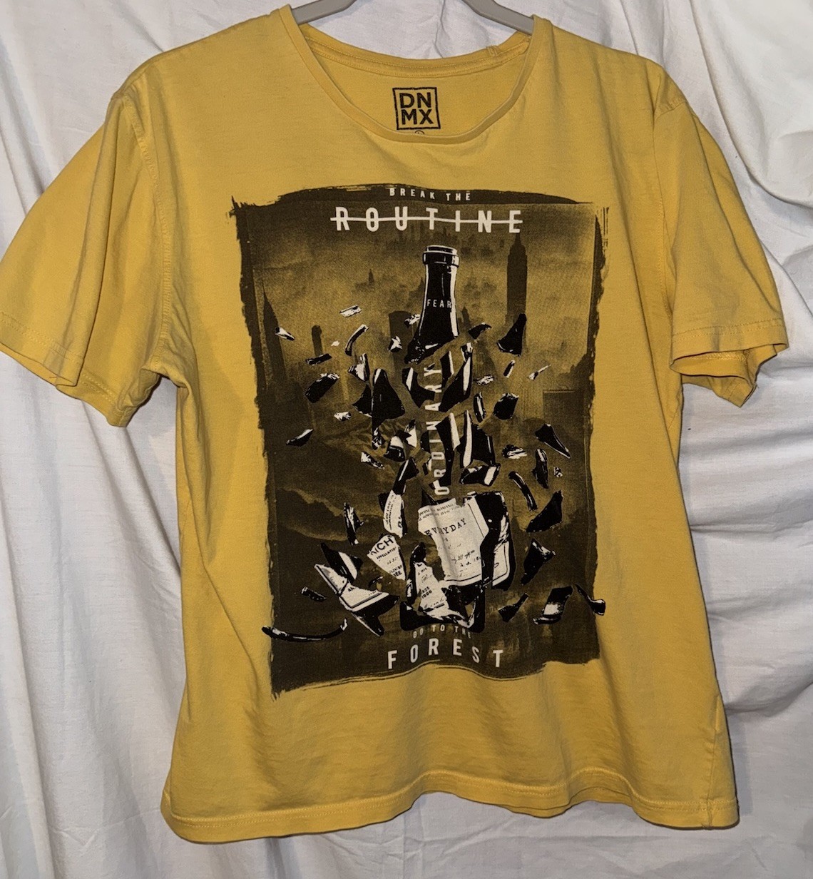 DNMX Graphic Tee Large Yellow “Break the Routine” Bottle Shatter Print Shirt