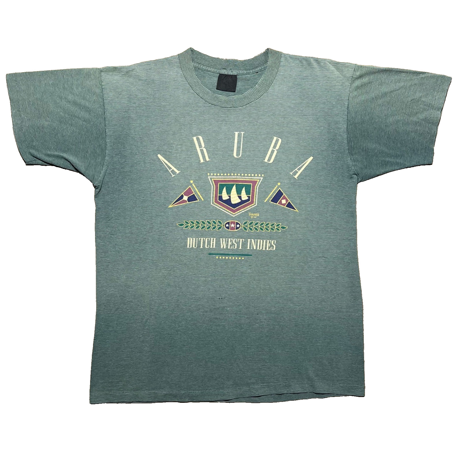 Vintage 1992 Aruba Dutch West Indies T Shirt Single Stitch Striped Green Mens L