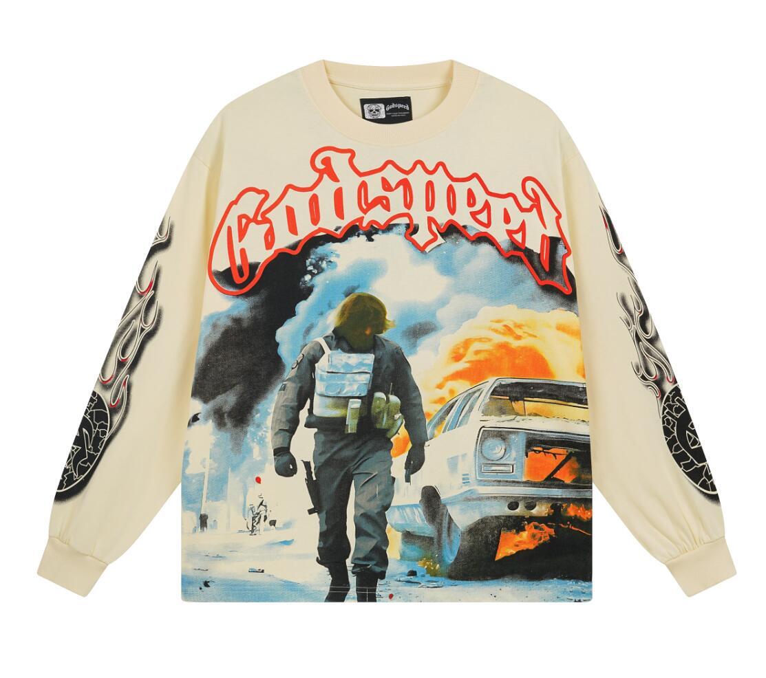 Men's Godspeed Street Retro Fashion Printed T-shirt with Washed Long Sleeves gallery