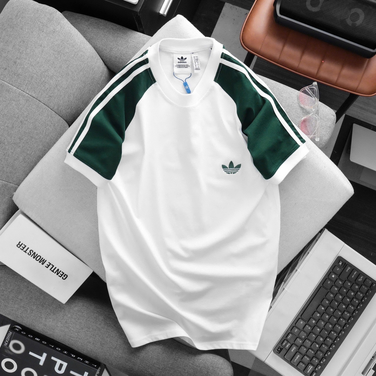 ADIDAS ORIGINALS 3-STRIPES CALIFORNIA Retro Trefoil TEE SHIRT ~ GREEN WHITE gallery