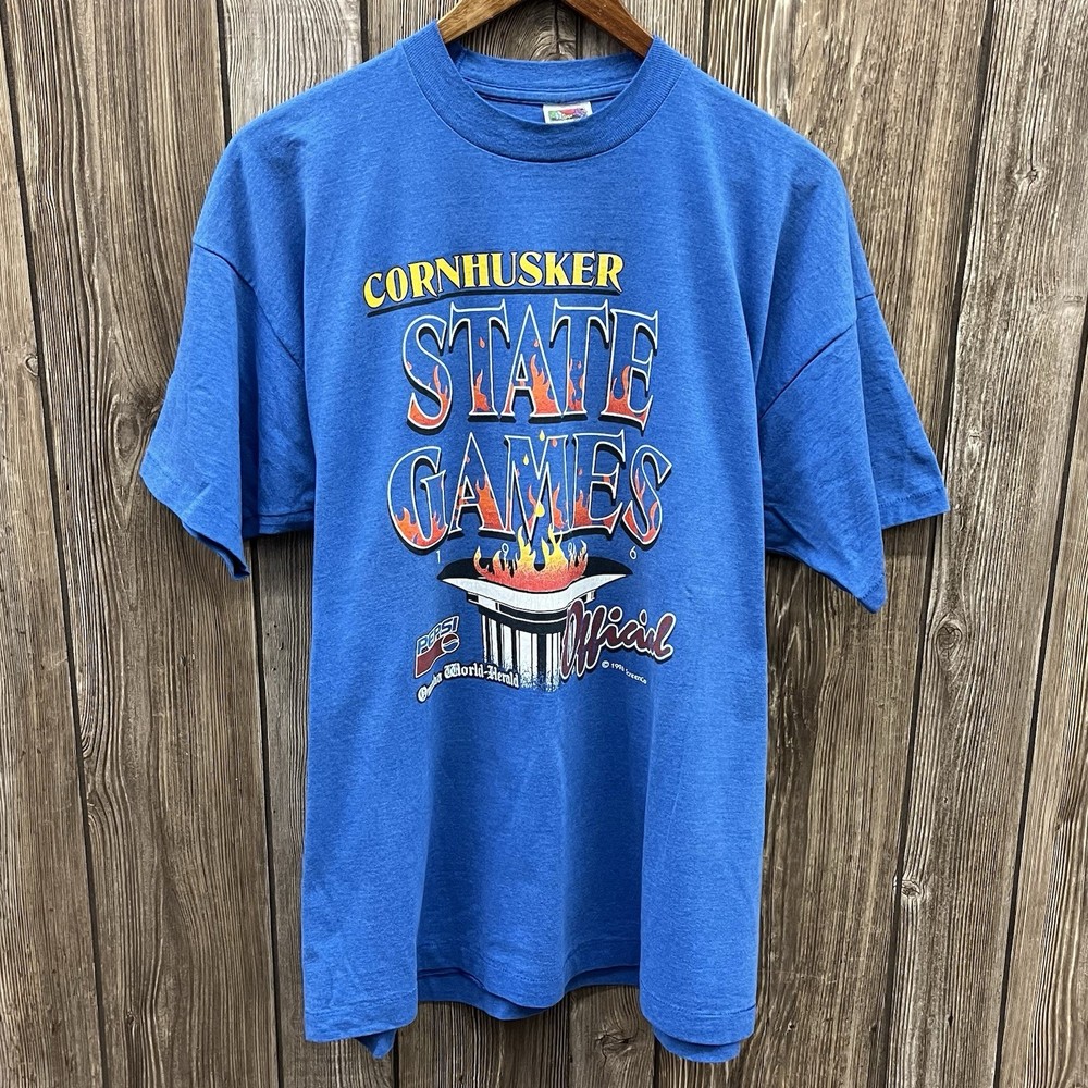 Vintage Cornhusker State Games Nebraska Graphic Tee Shirt 90s Blue Mens XXL 2XL