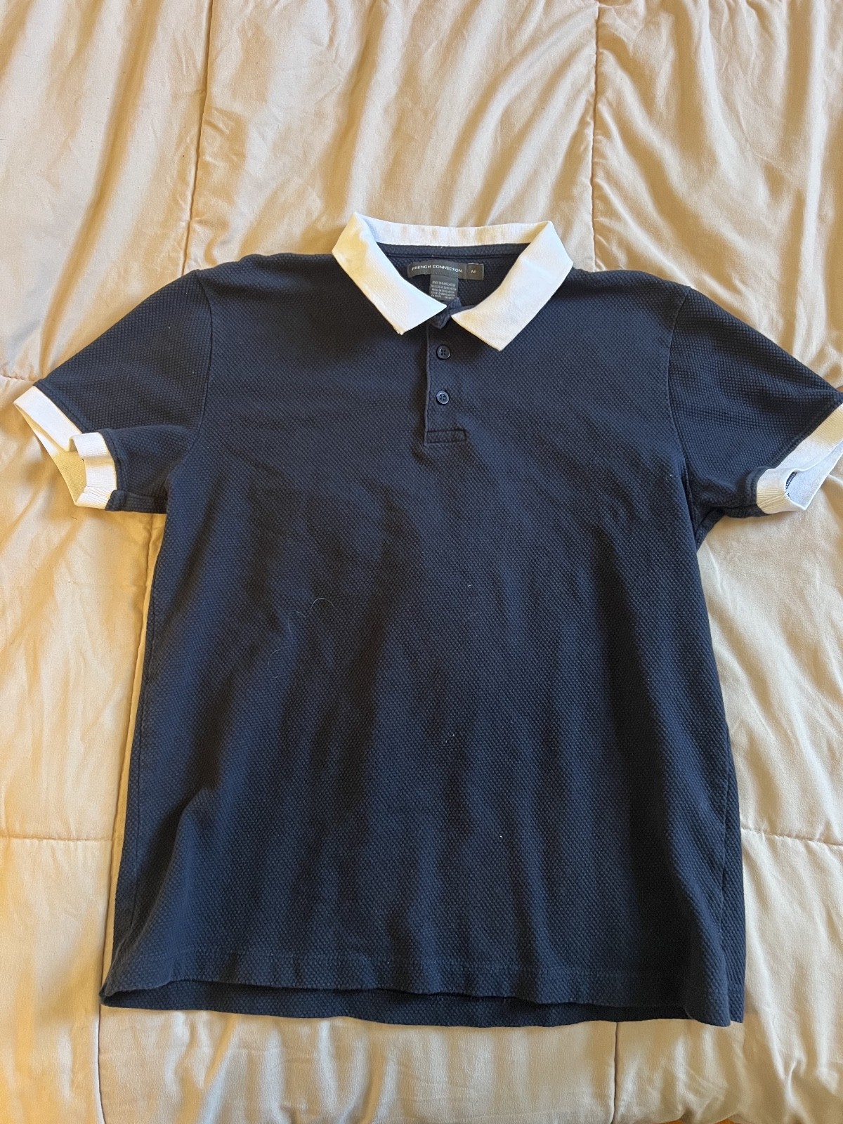 French Connection Navy Blue Polo Shirt White Contrast Collar & Cuffs Size M – Ba