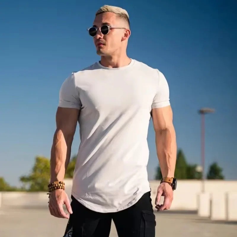 Men Muscle Fitness T-Shirt Summer Cotton Gym Workout Short Sleeve Top gallery