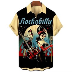 Mens Button Down Rockabilly Boogie Pinup Hawaiian Top Novelty Holiday Gift Shirt