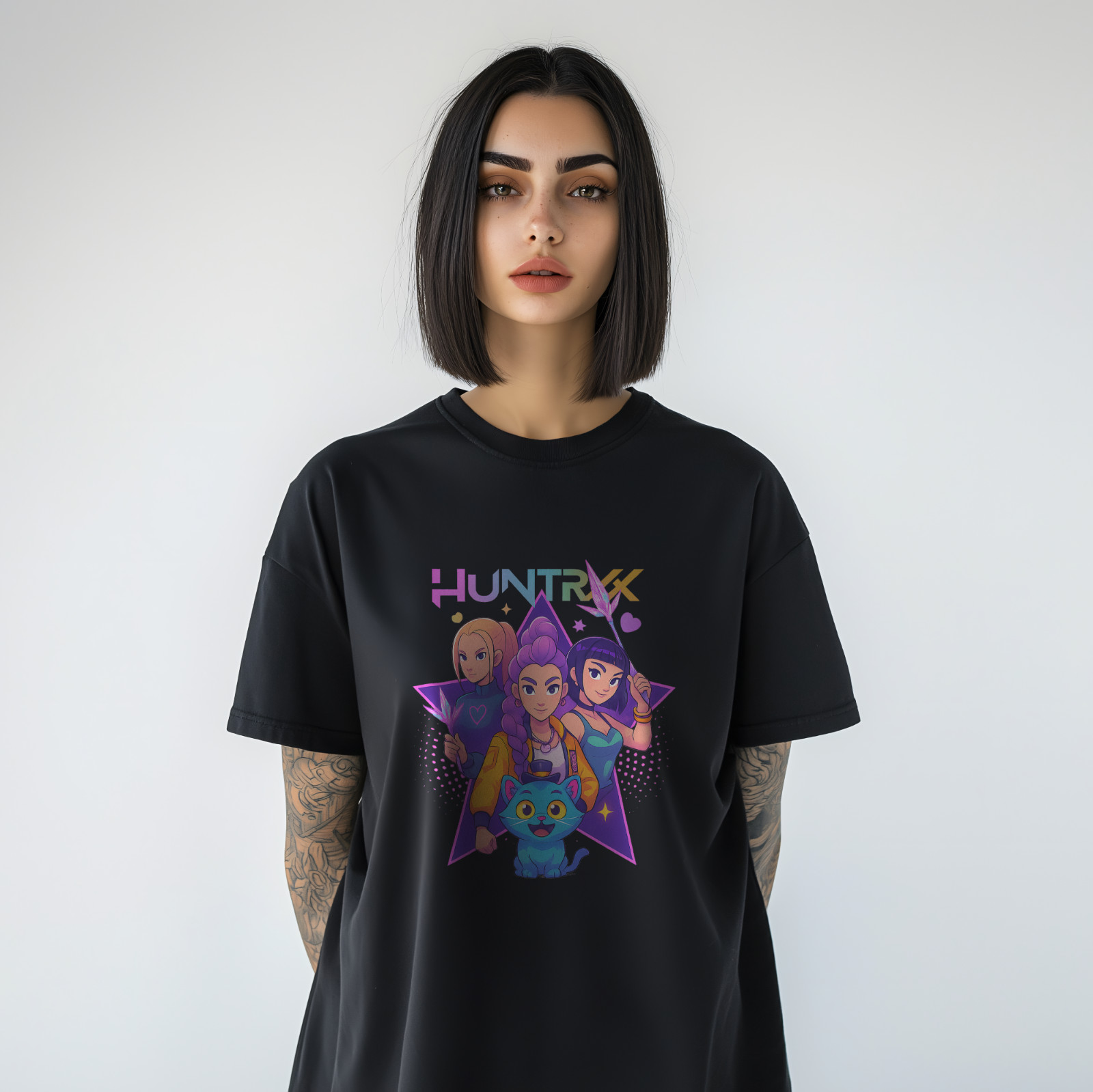 HUNTRX Anime Graphic T-Shirt – Cute KPOP Inspired Cartoon Girls & Cat Tee A275 gallery