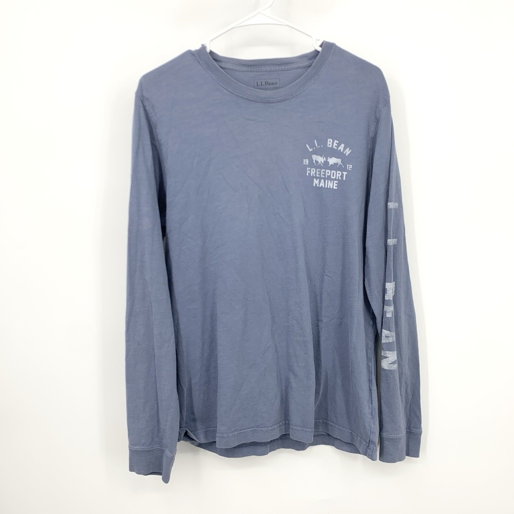 LL Bean Men Size Medium Shirt Long Sleeve Crewneck Top Blue Logo Organic Cotton