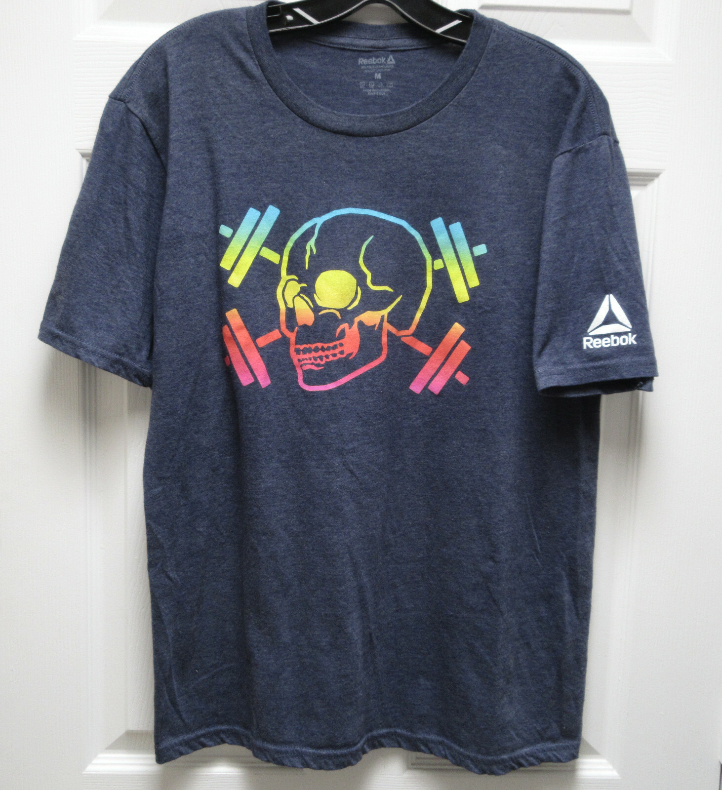 Reebok Rainbow Skull Barbells Dumbbells T Shirt Mens M Poly Cotton gallery