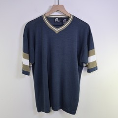 Vintage X-Treme Gear V-Neck Acrylic Shirt Size Medium Retro Striped Navy Blue