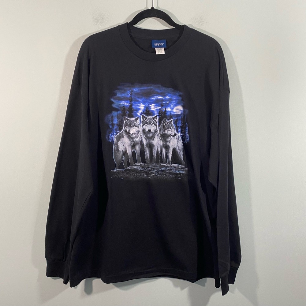 Vtg Croft & Barrow Men’s Black Wolf Pack Long Sleeve Ribbed Cuff Tee Size XXL