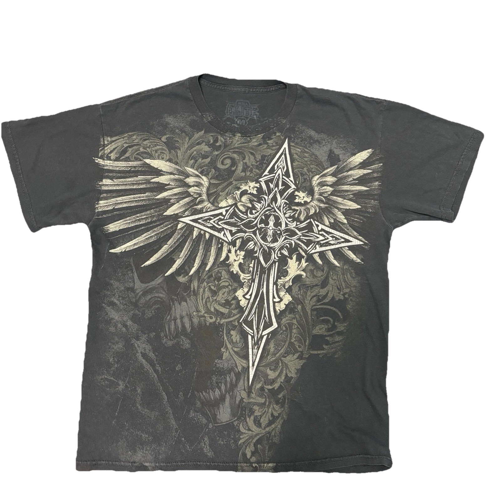 VTG MMA Elite Graphic T-shirt Grunge Y2K Cross Skull Chrome Gray Men’s Medium gallery