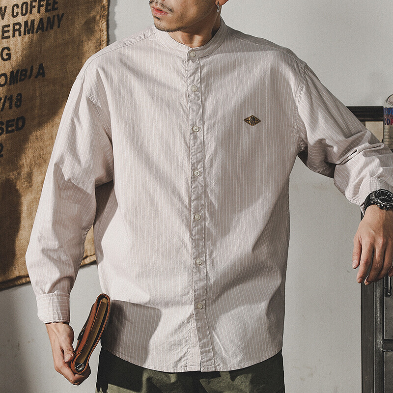Spring Retro Stand Collar Striped Shirt Mens Long-sleeved Loose Shirt Jacket gallery