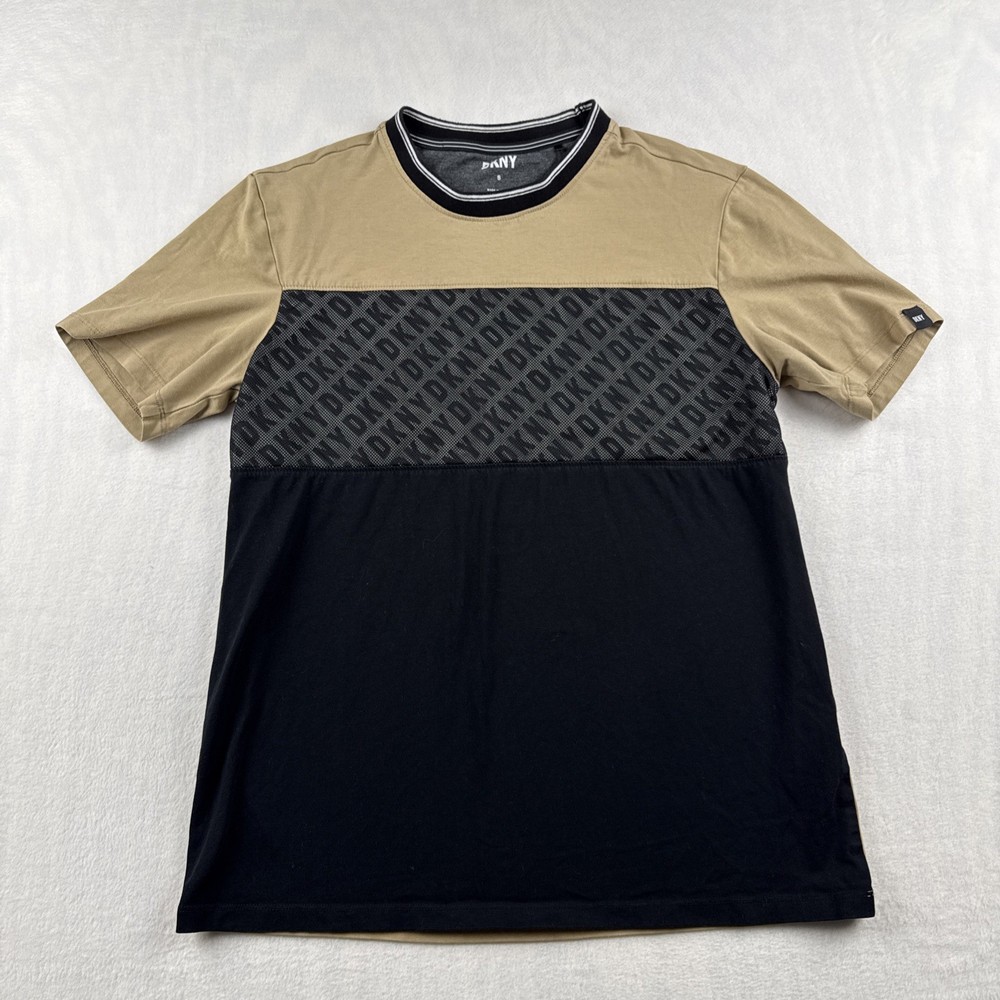 DKNY T-Shirt Tan Black Color Block Size Small Mesh Over Logo Cotton Spandex