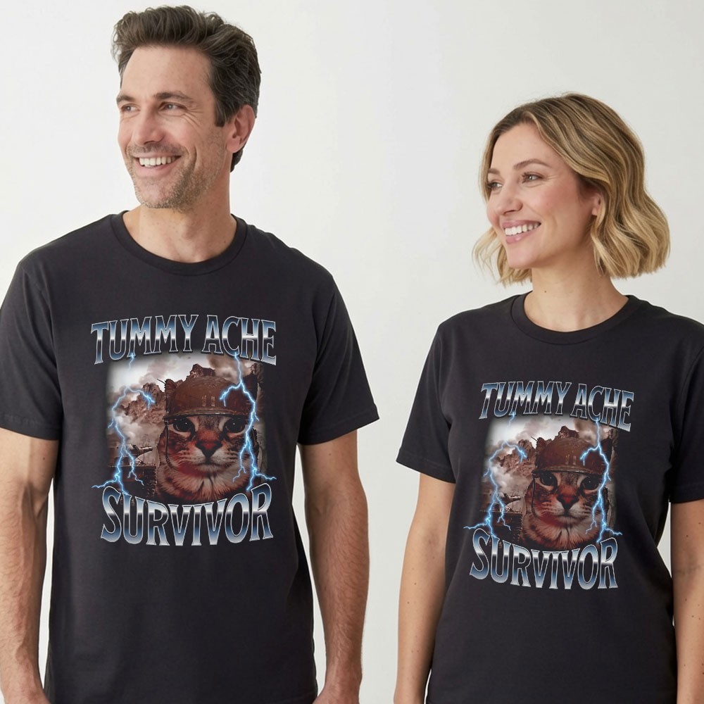 Tummy Ache Survivor T-Shirt Funny Cat Meme Soldier Graphic Vintage Heavy Metal gallery