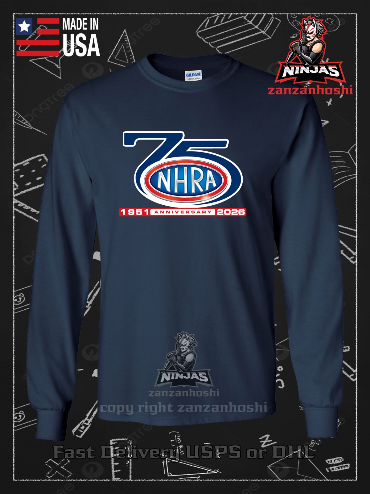 NHRA 75th Anniversary Logo Men's Long Sleeve American Size S-5XL T-Shirt gallery