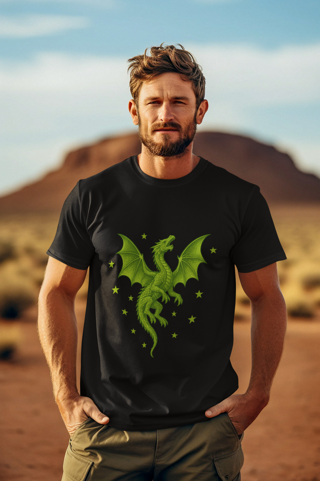 Lime Green Dragon T-Shirt Fantasy Flying Dragon Graphic Stars Unisex Tee gallery