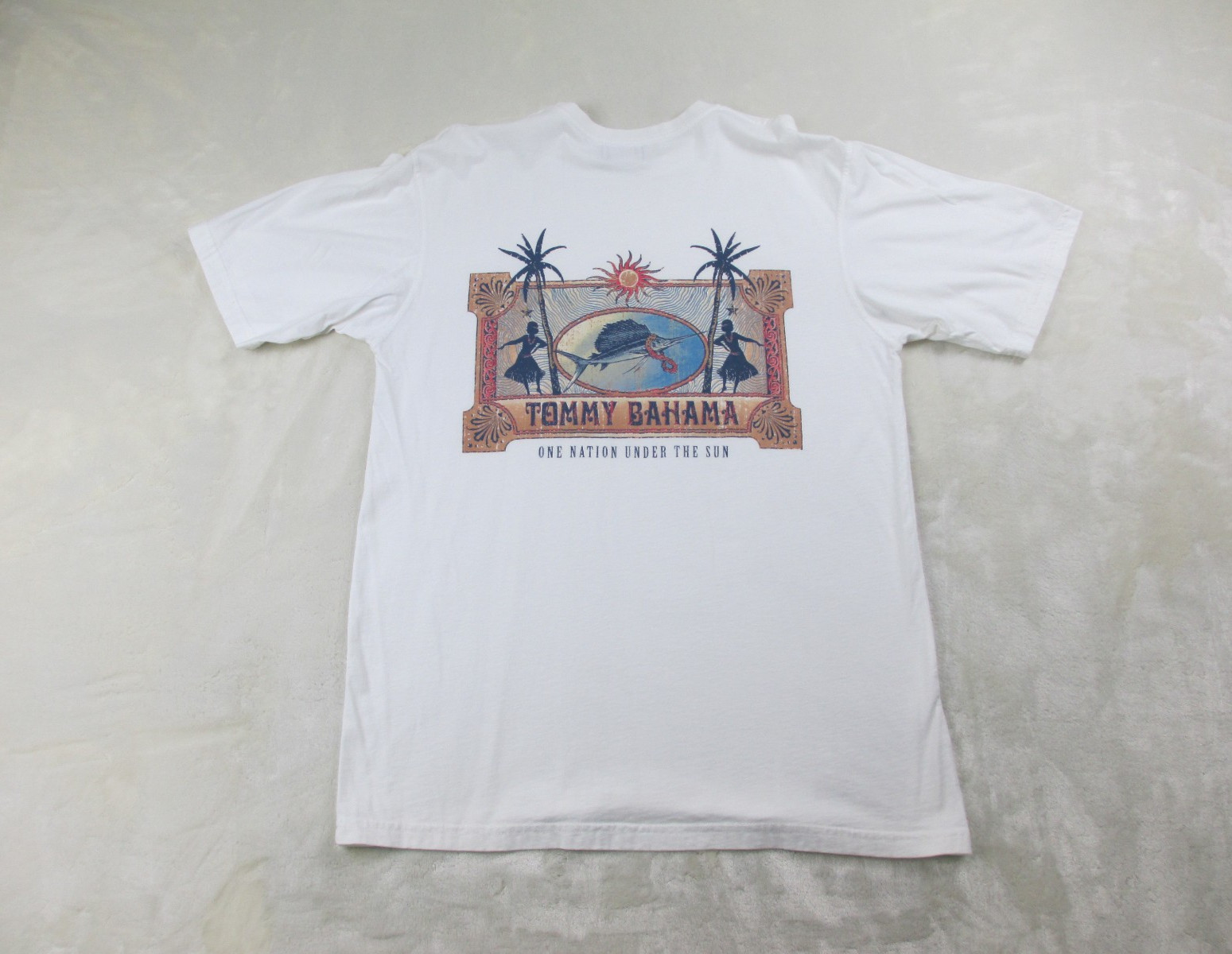 VINTAGE Tommy Bahama Shirt Mens Small White One Nation Under The Sun Marlin USA