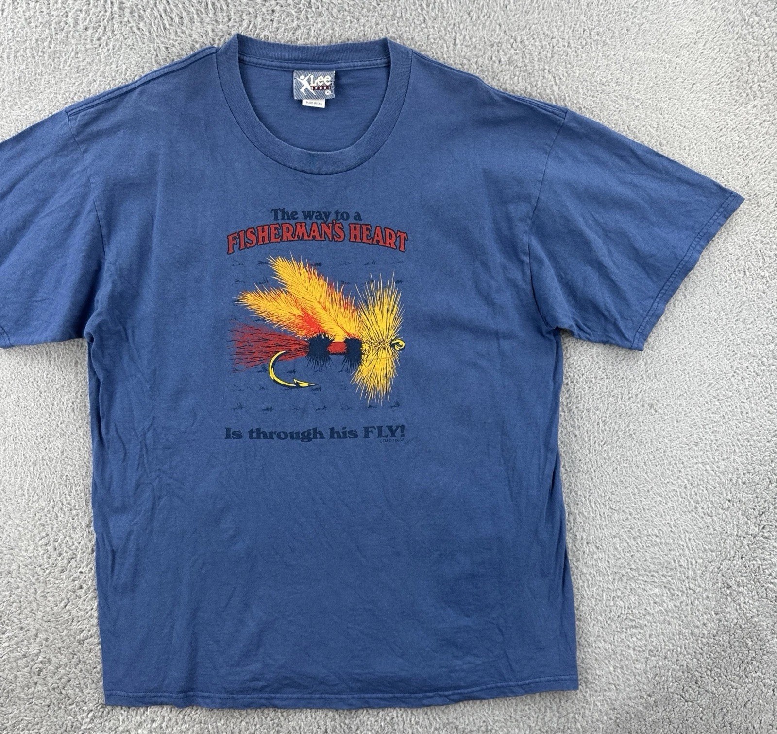 Vintage Lee Sport 90s XL Blue T Shirt Made In USA Fisherman’s Heart Through Fly gallery