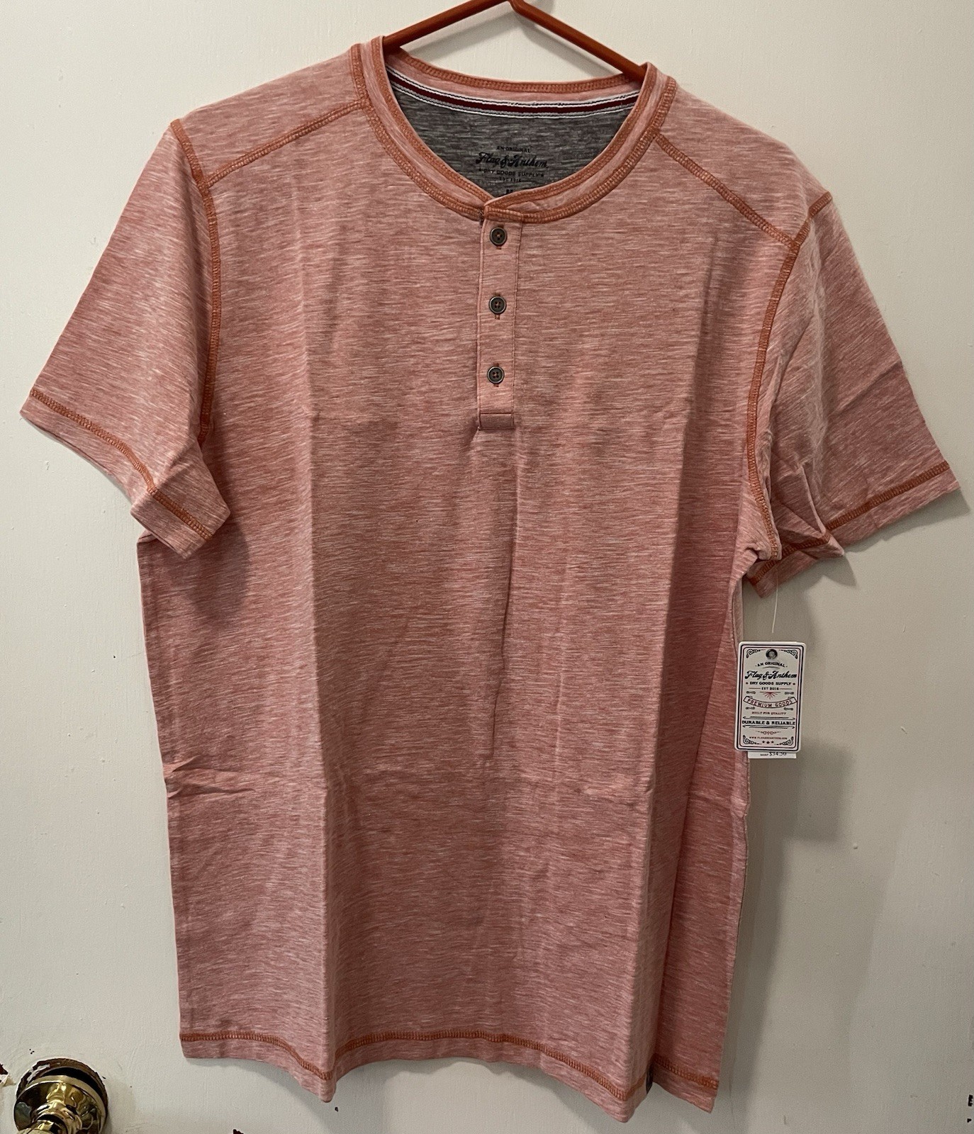 Flag & Anthem Men's Henley Neck Short Sleeve T-Shirt Coral Gray Size Medium NWT gallery