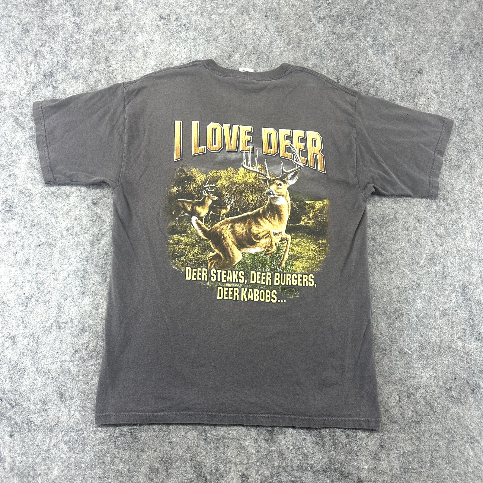 Cabelas Shirt Mens Large Gray Yellow I love Deer Graphic Spellout Print gallery