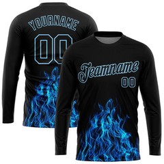 Custom Black Black-Light Blue Flame 3D Pattern Long Sleeve T-Shirt HS686