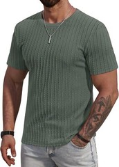 Men’s Slim Fit Textured Knit Short Sleeve Shirt Stretch Ribbed Crewneck Tee S-XX