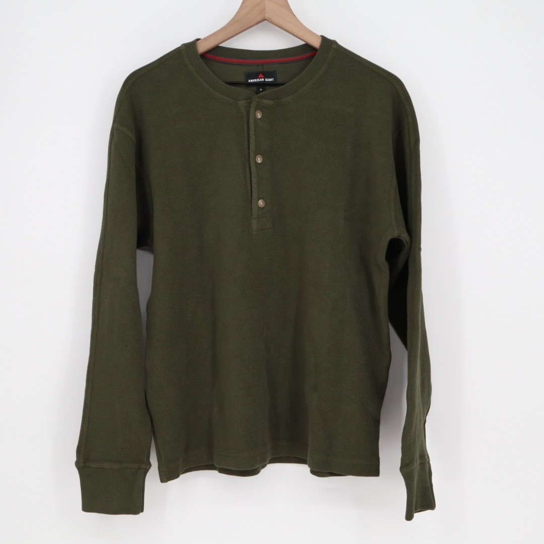 American Giant French T-Shirt Mens Small Olive Green Cotton Ribbed Henley Neck gallery