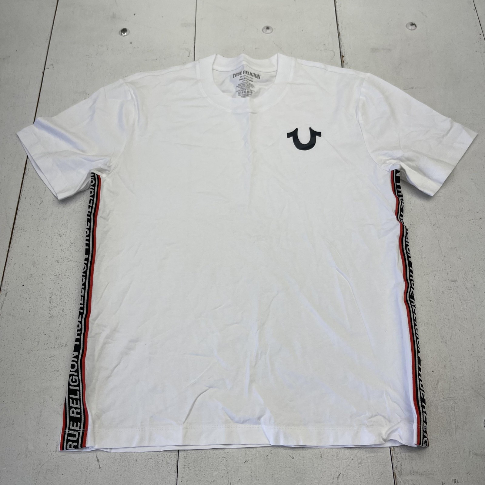 True Religion Shirt Mens Medium White Logo Side Tape Tee Tagless Crewneck Casual gallery