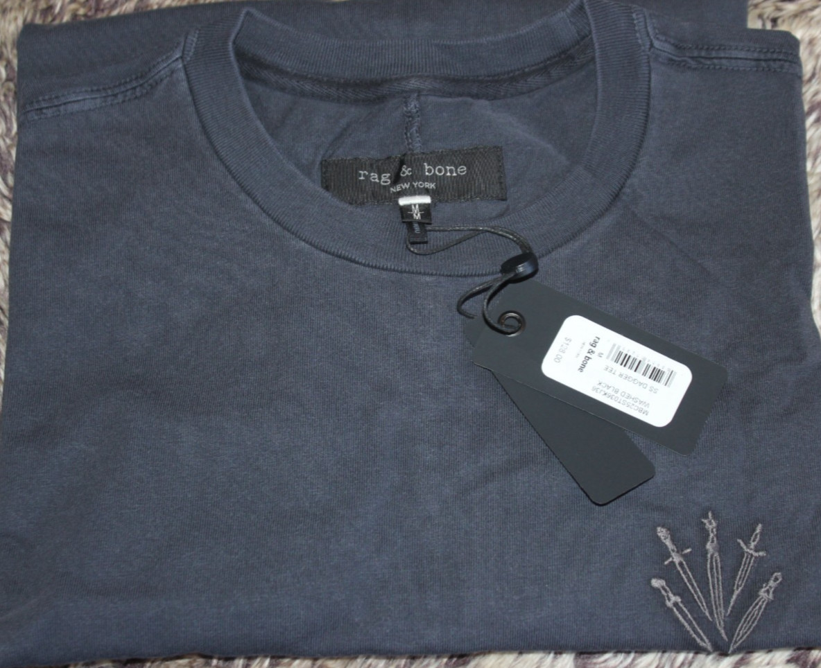 NWT Rag & Bone Short Sleeve Embroidered Dagger Tee Mens Med. Washed Black $128 gallery