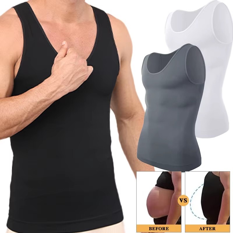 Men Compression Shirt Slimming Body Shaper Vest Waist Traner Cross Tummy Control gallery