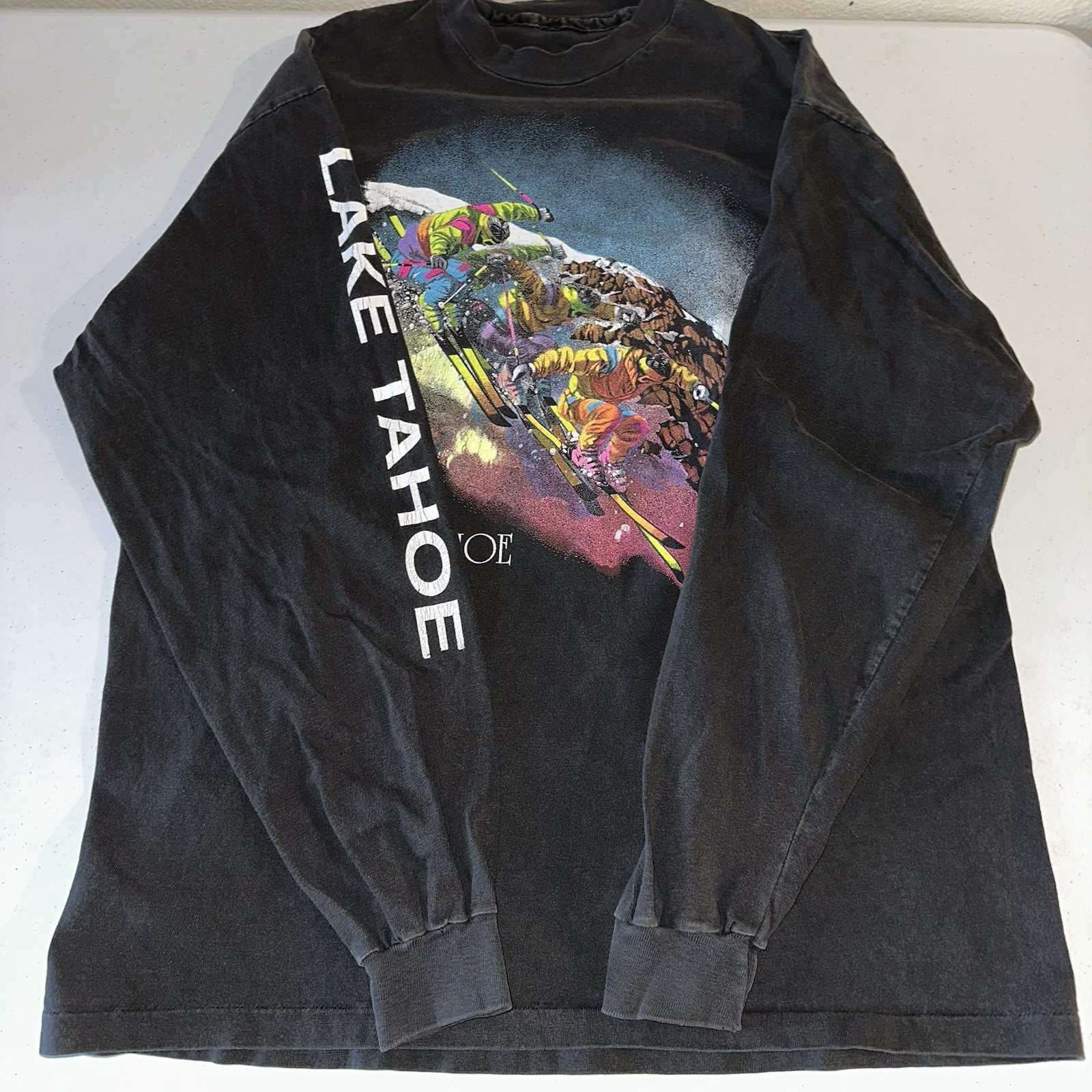 Vintage 1990 Lake Tahoe Ski Long Sleeve T Shirt Front & Back Skiing Size L gallery