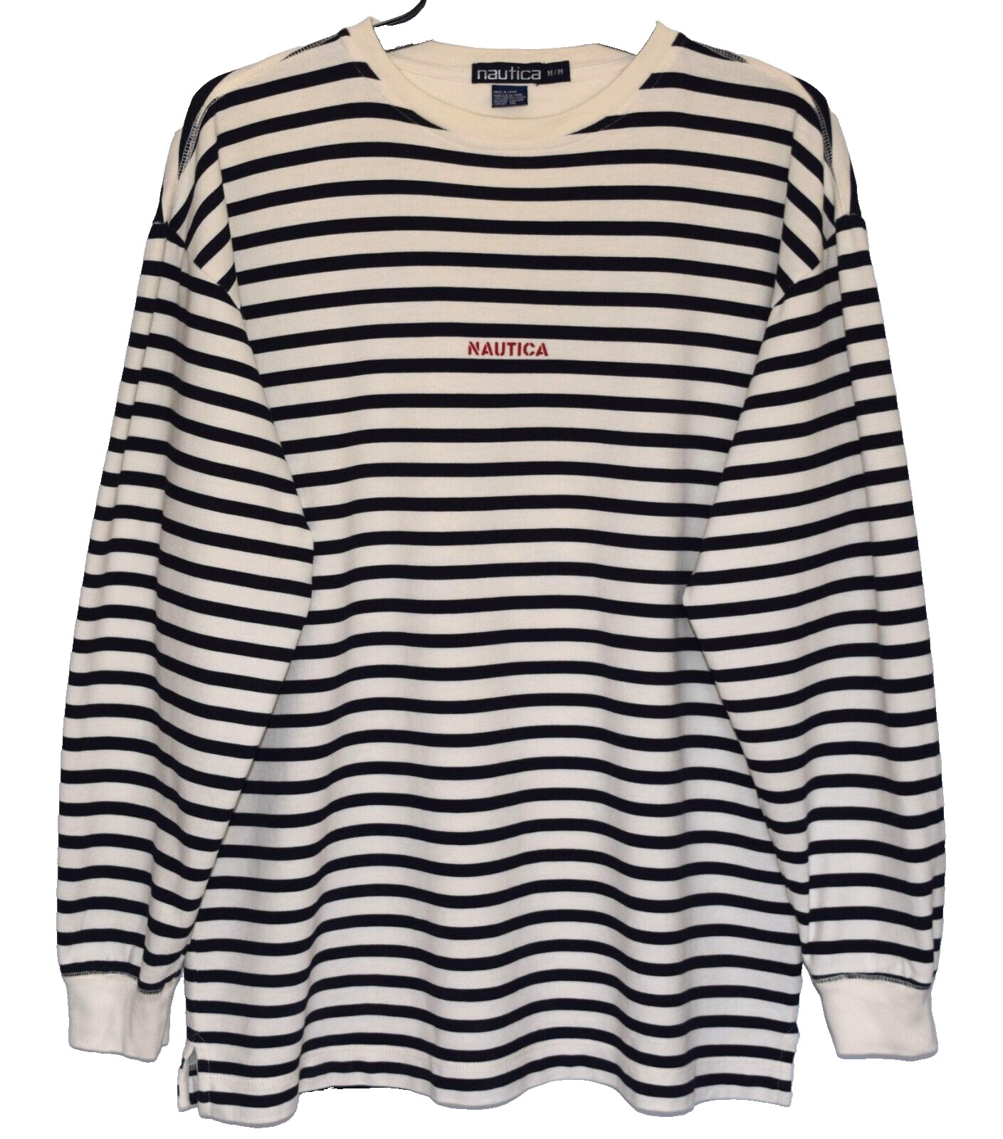 Vintage NAUTICA Fisherman Island Men's Cream Blue Striped Long Sleeve Shirt M gallery
