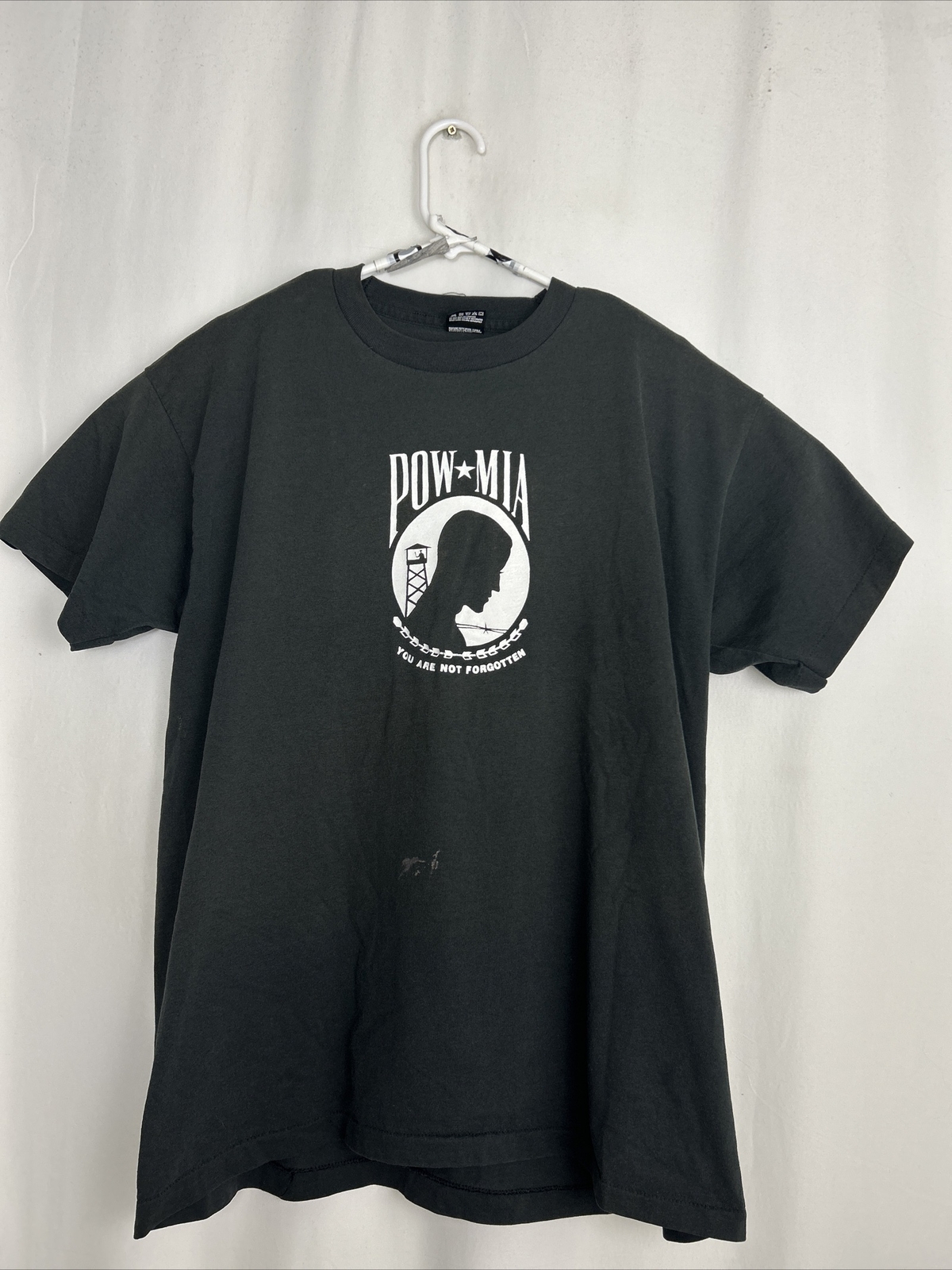 Vintage Mens XL Short Sleeve T Shirt POW MIA Black Single Stitch Stained