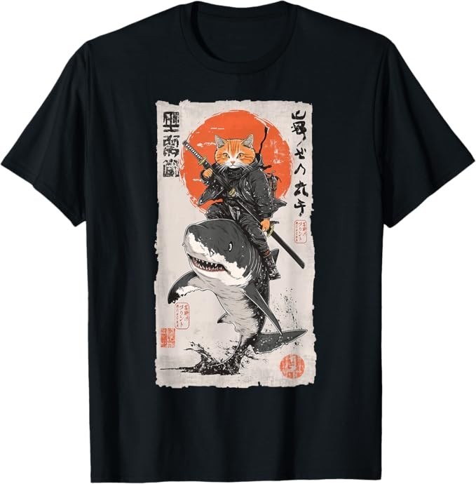 Epic Ninja Cat Riding Shark Funny Japanese Ukiyo-e Art T-Shirt