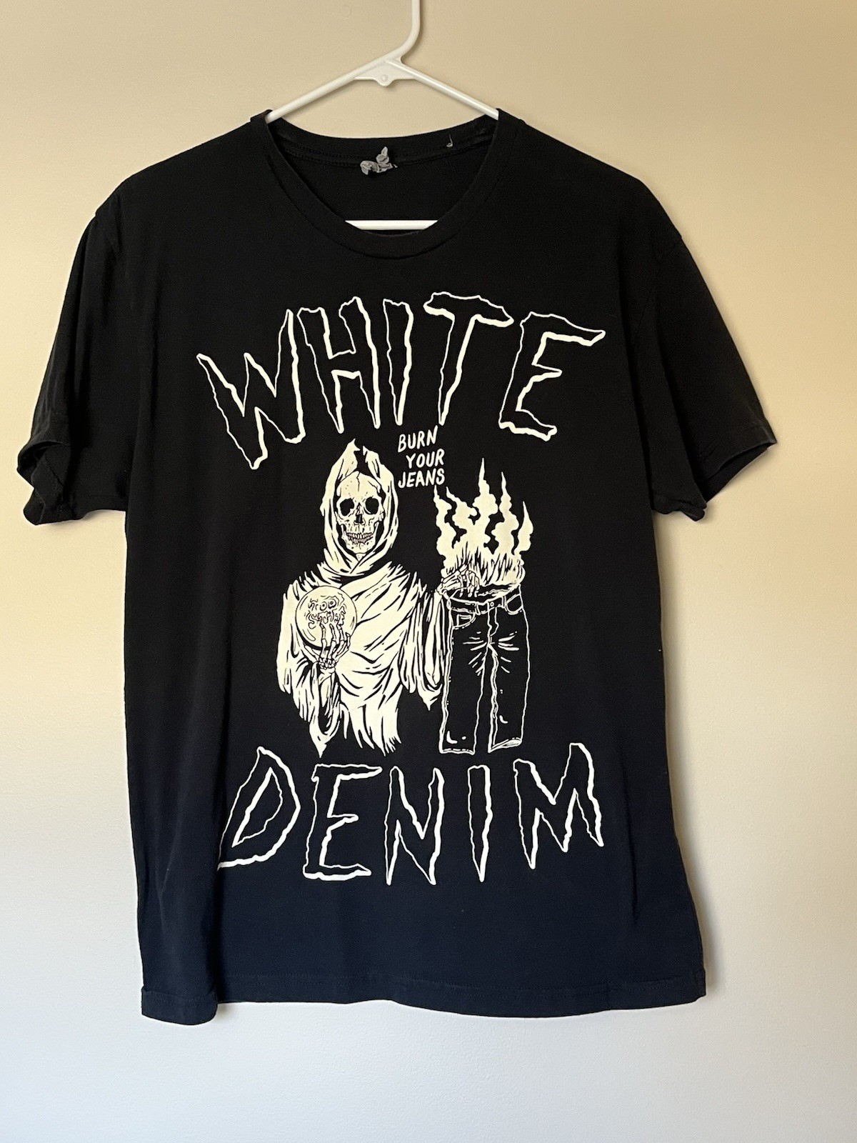 Vintage T-shirt - WHITE DENIM (band) - Glow silk screen! Burn Your jeans EX! gallery