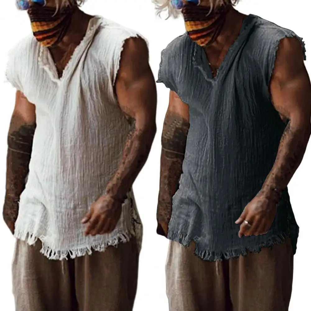 Men Vest Solid Color Casual Leisure Individual Old Style Loose Type Ripped Edge gallery