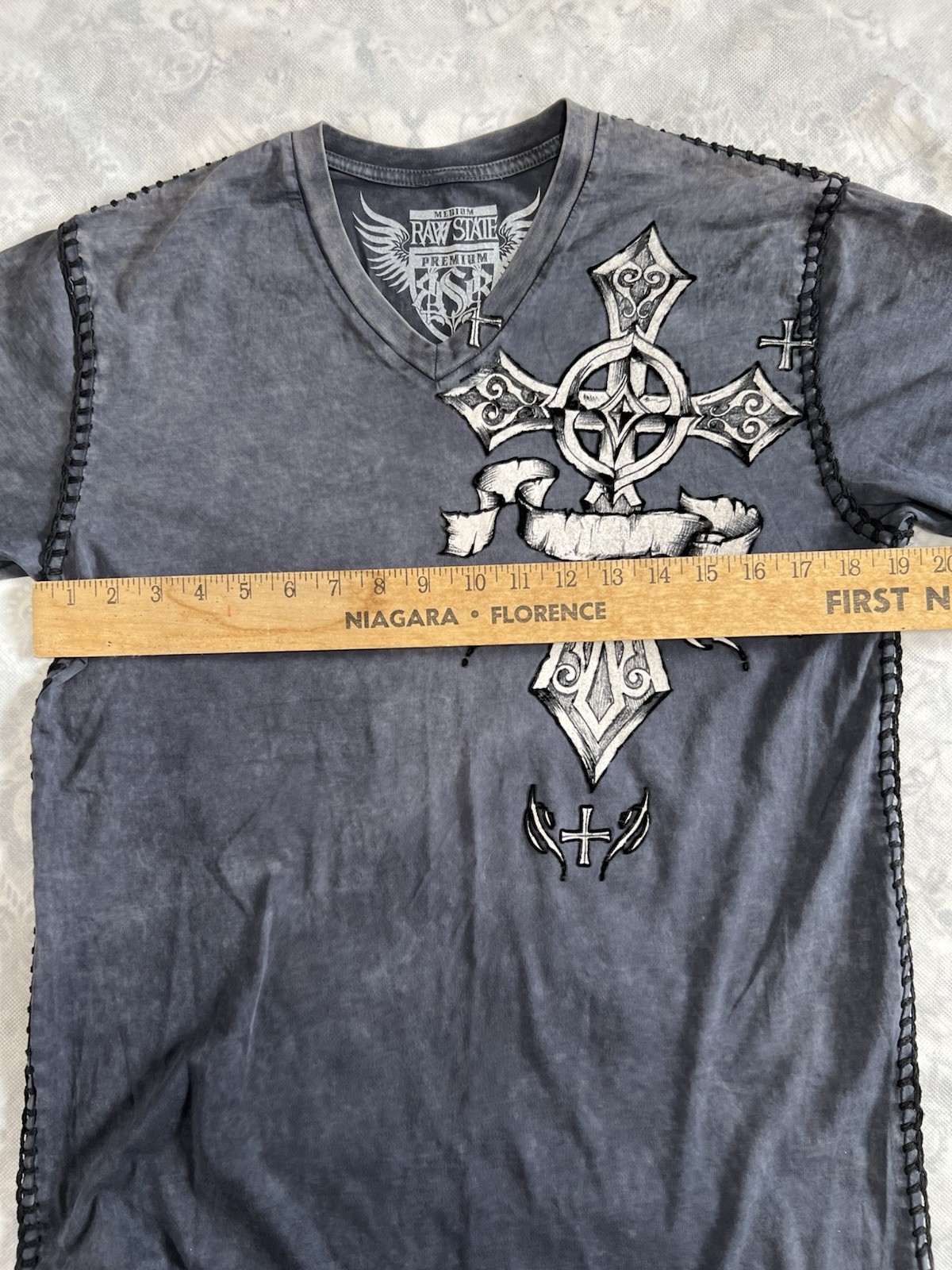 Raw State Shirt Sz M Gray Cross Angel Wings Royalty Stitch Premium Y2K Goth VTG gallery