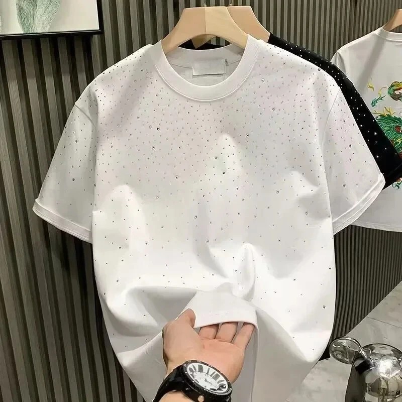 New Men Women Luxury Diamond Rhinestones Black White T-Shirt High Quality gallery