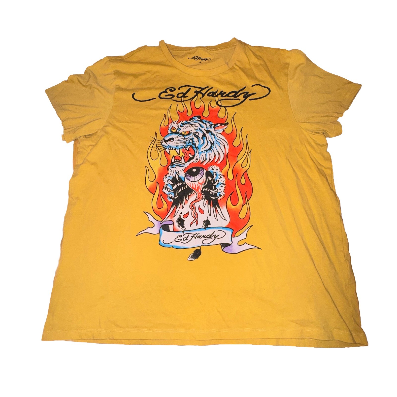 Ed Hardy Shirt Men’s XL Yellow Embellished Tattoo Motocycle Biker Rock Y2K Skull gallery