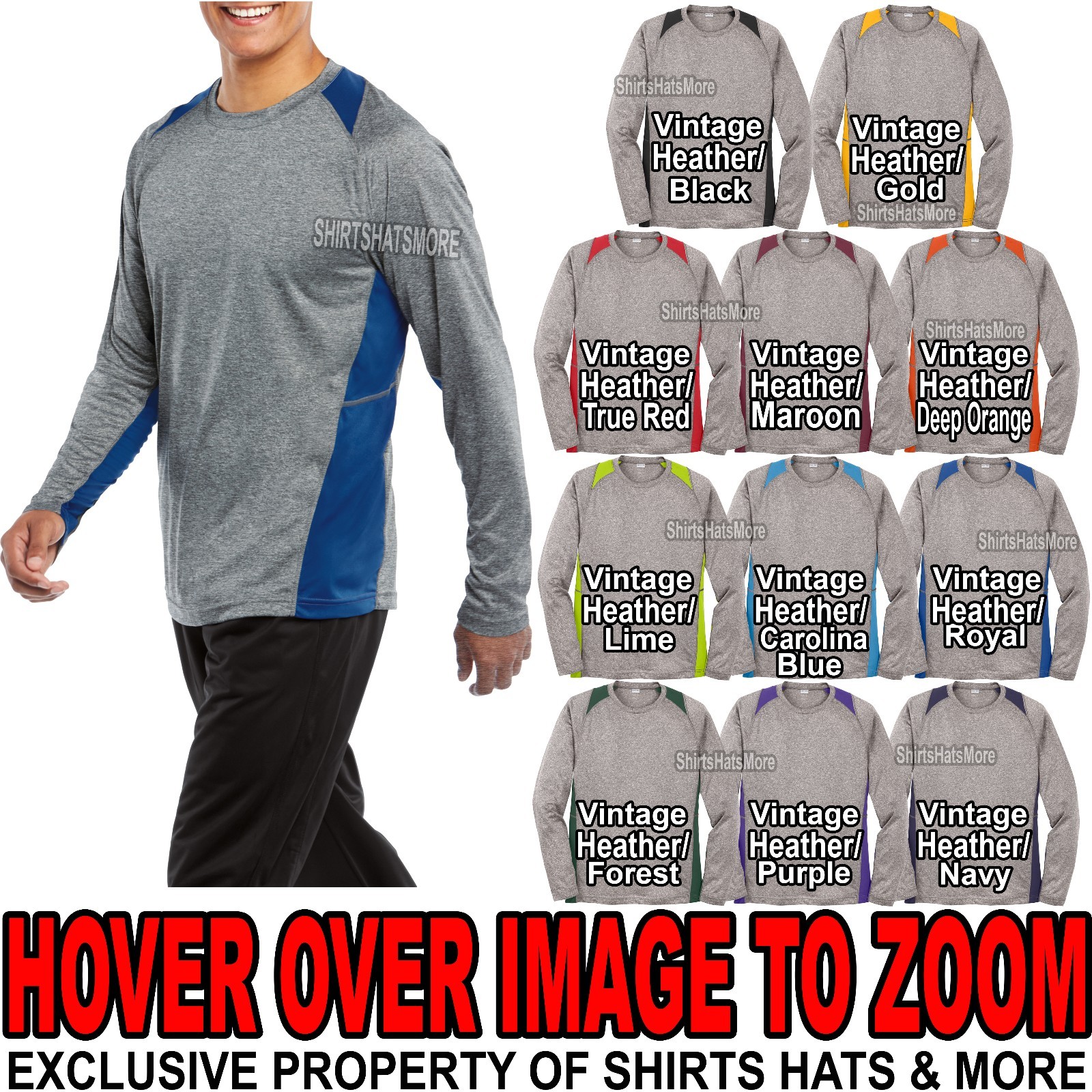 Mens 2 Tone Long Sleeve Heather Moisture Wicking Athletic T-Shirt XS-XL 2X,3X,4X gallery