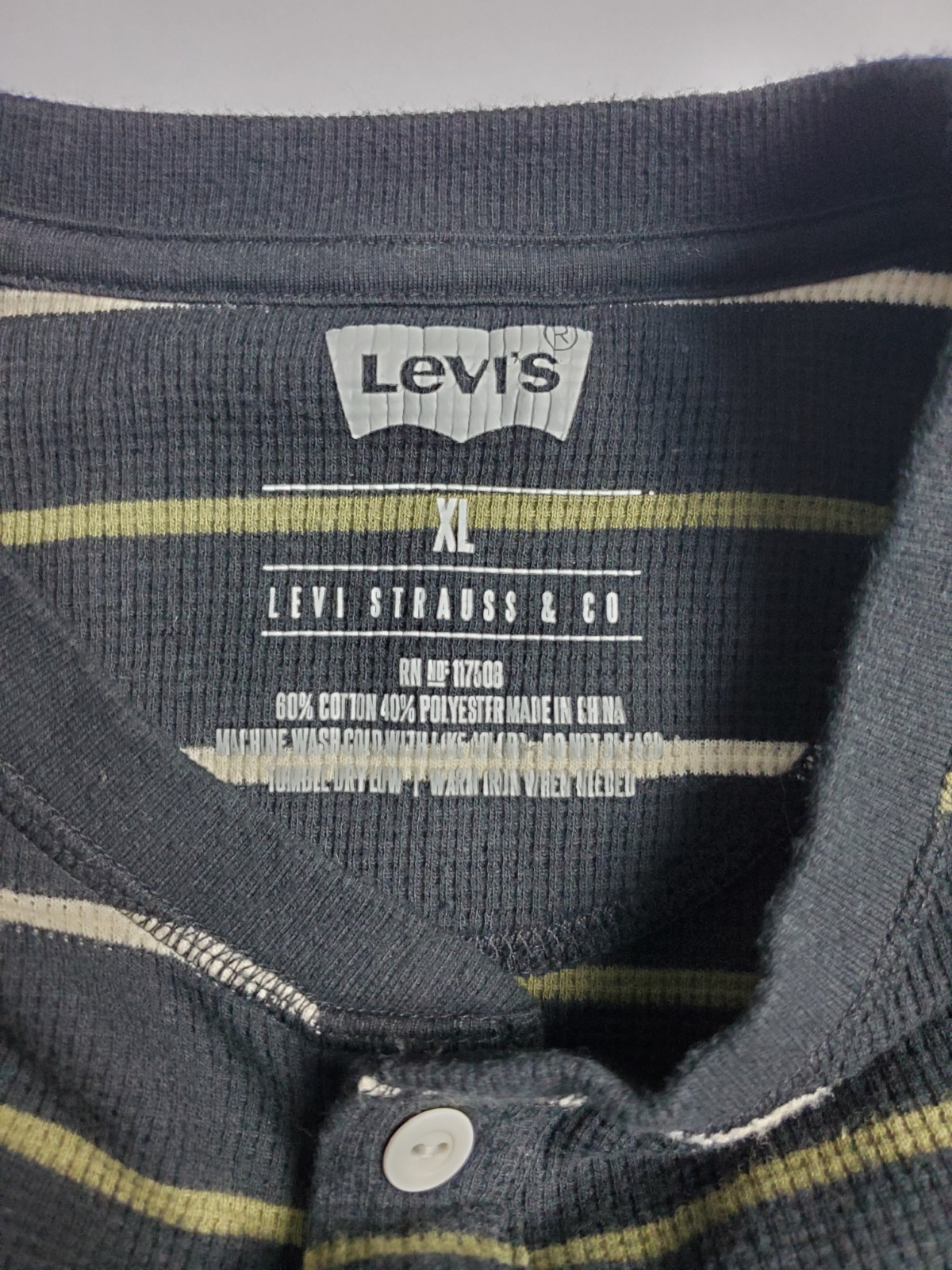 Levi's Mens XL Thermal Henley Olive Green Stripe Waffle Knit Long Sleeve Shirt gallery