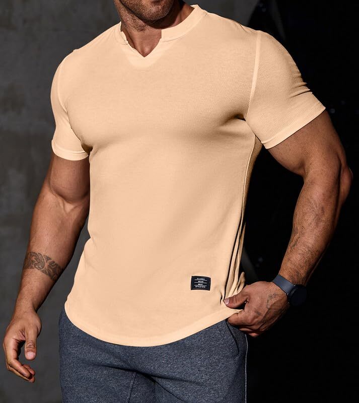 Mens V-Neck Muscle Slim Henley Shirt Workout Gym Athletic Shirt Summer Fashio... gallery