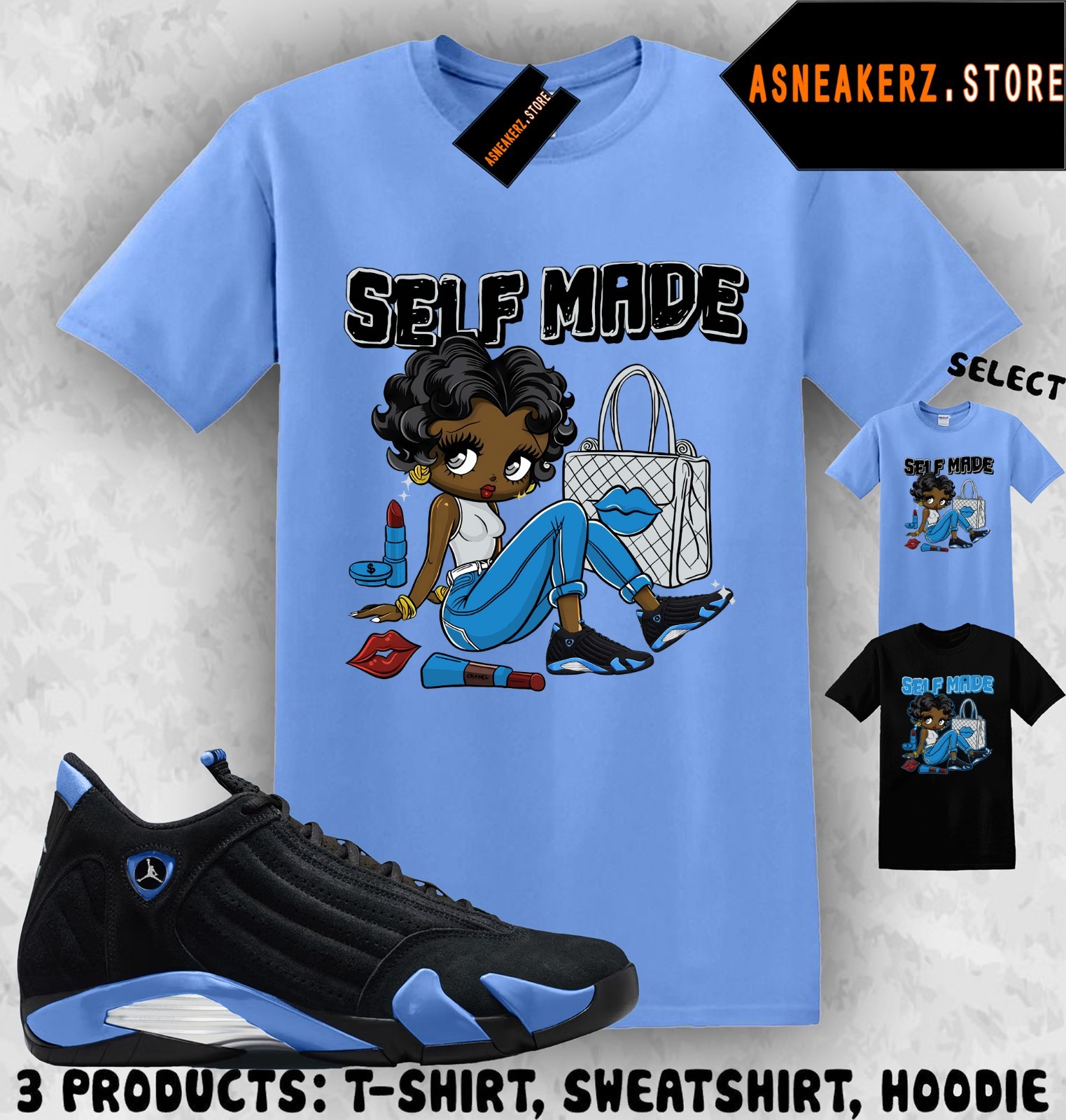 Shirt Match AJ 14 Black University Blue Sneaker Matching Selfmade Girl T-Shirt gallery