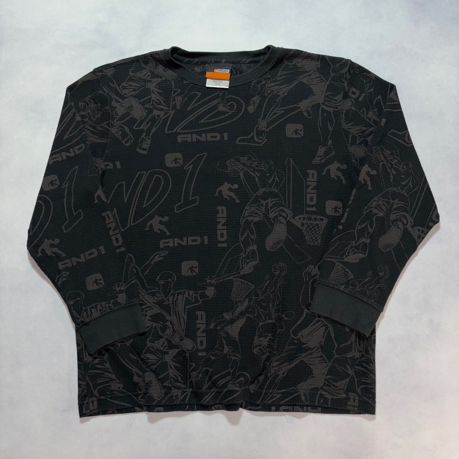 Vintage AND1 Long Sleeve Thermal Shirt Mens L Black AOP Basketball Graphic Y2K