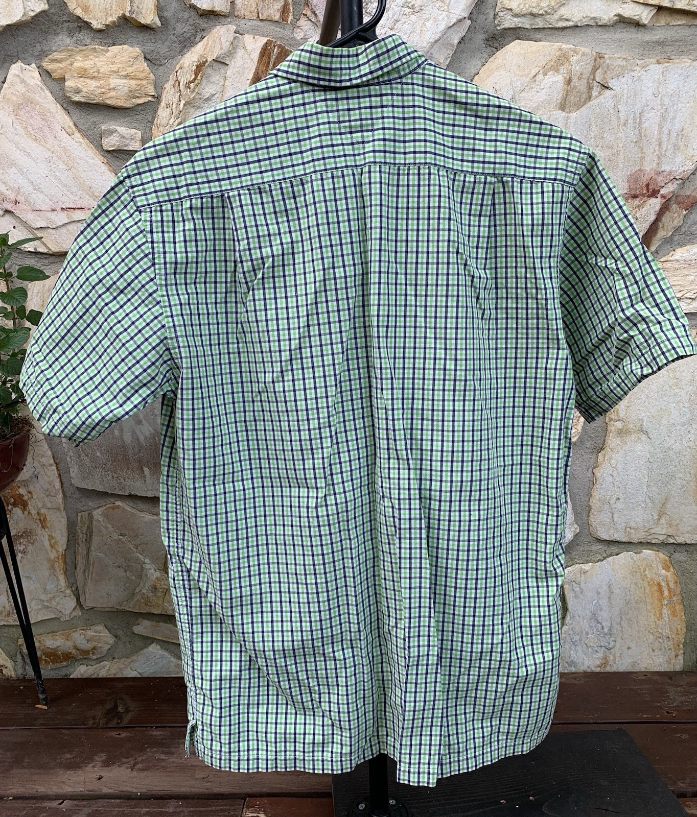 Tommy Hilfiger Short Sleeve Shirt Gingham Green Button Flag Logo Stripe Mens Lg gallery