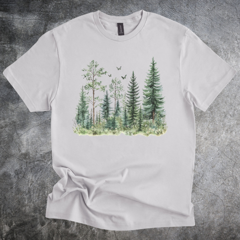 Forest Trees Shirt Watercolor Pine Nature Landscape Birds Tshirt gray