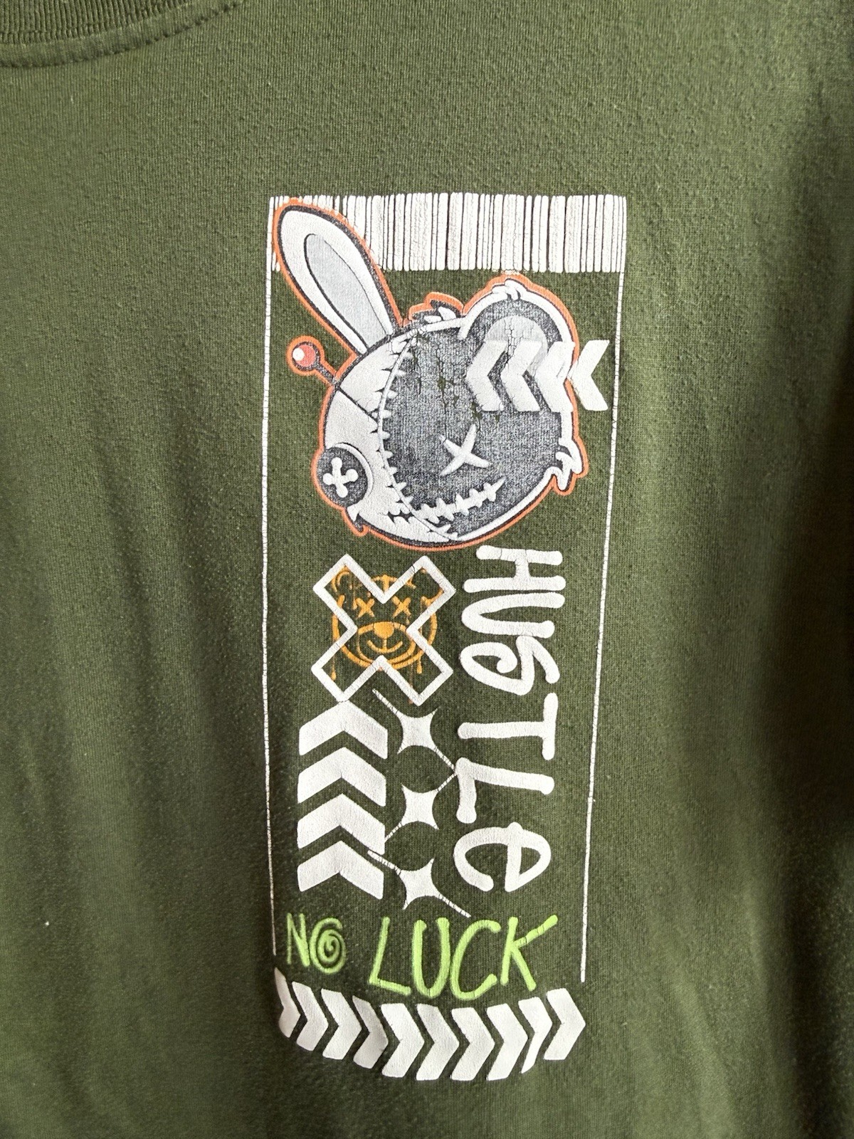 Shirt Youth Sz L 14/16 Olive Green Lucky Charm Sewn Voodoo Bear No Luck gallery